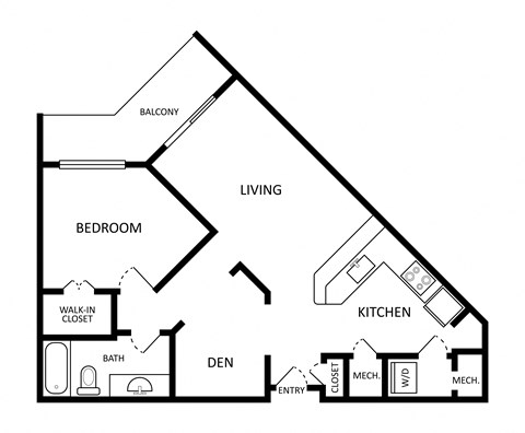 Floor plan for 1 bed, 1 bath, 834 sqft